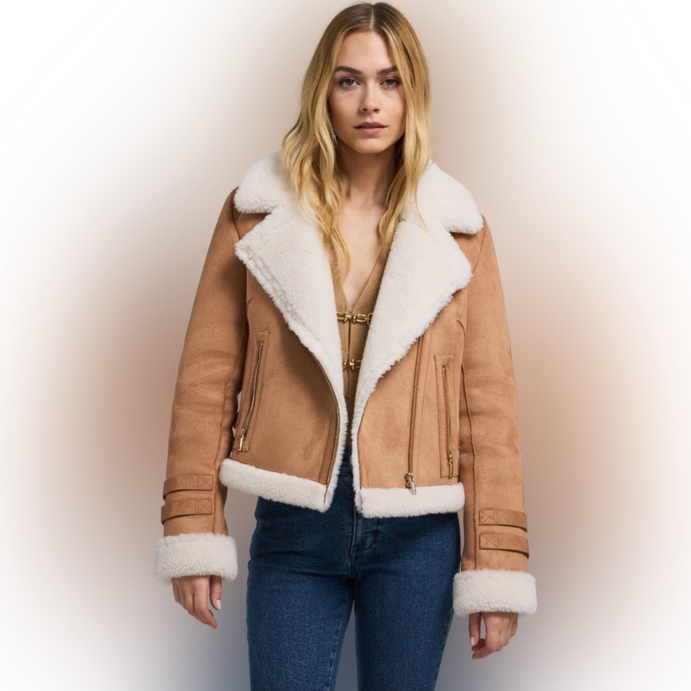 Generation Love Dion Vegan Suede Shearling Cognac Moto Jacket Size XXS (Small)